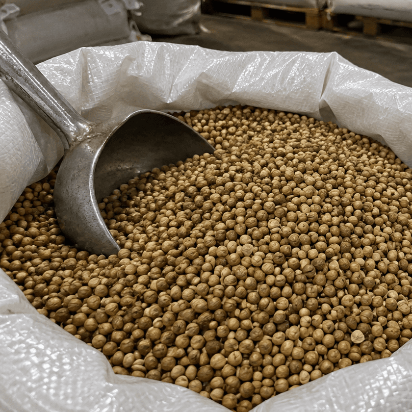 Coriander seed in an open woven sack with a metal scoop, in a storage warehouse