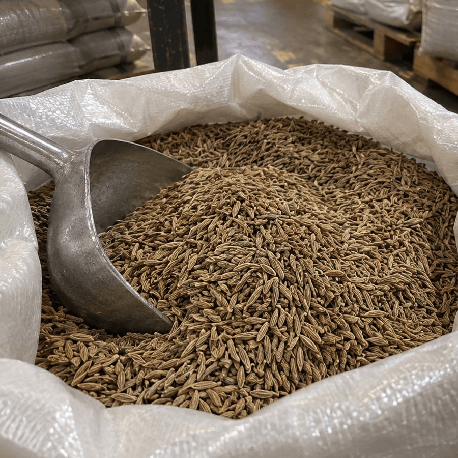 Cumin seed in an open woven sack with a metal scoop, in a storage warehouse