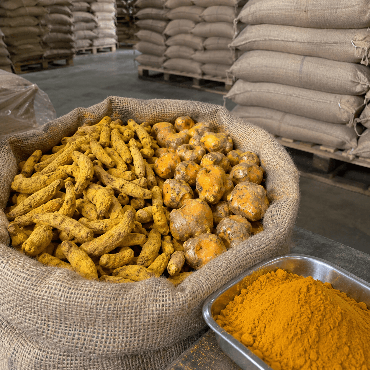Turmeric fingers and whole rhizomes in a jute sack, beside a metal tray of ground turmeric, in a storage warehouse