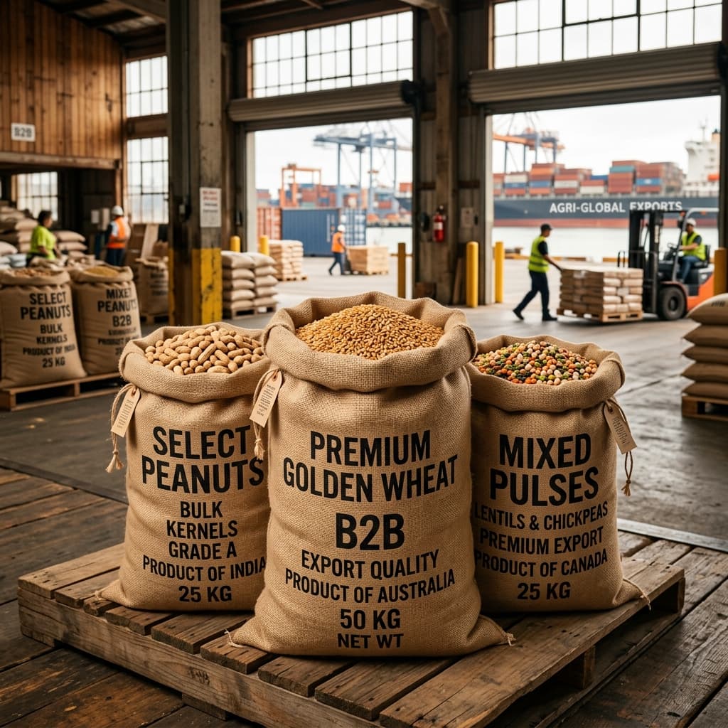 Bulk agricultural products for export — wheat, peanuts, pulses, rice from India