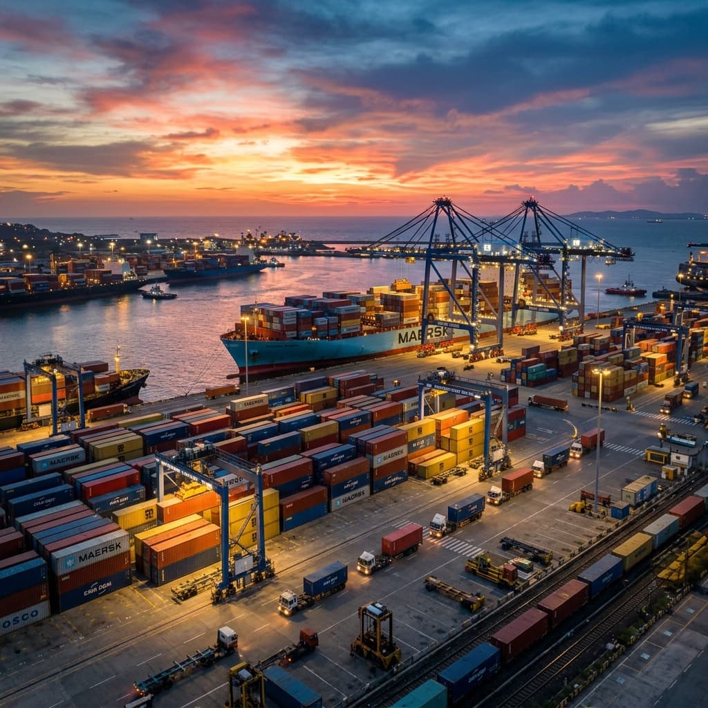 Modern shipping container terminal at an Indian port at sunset