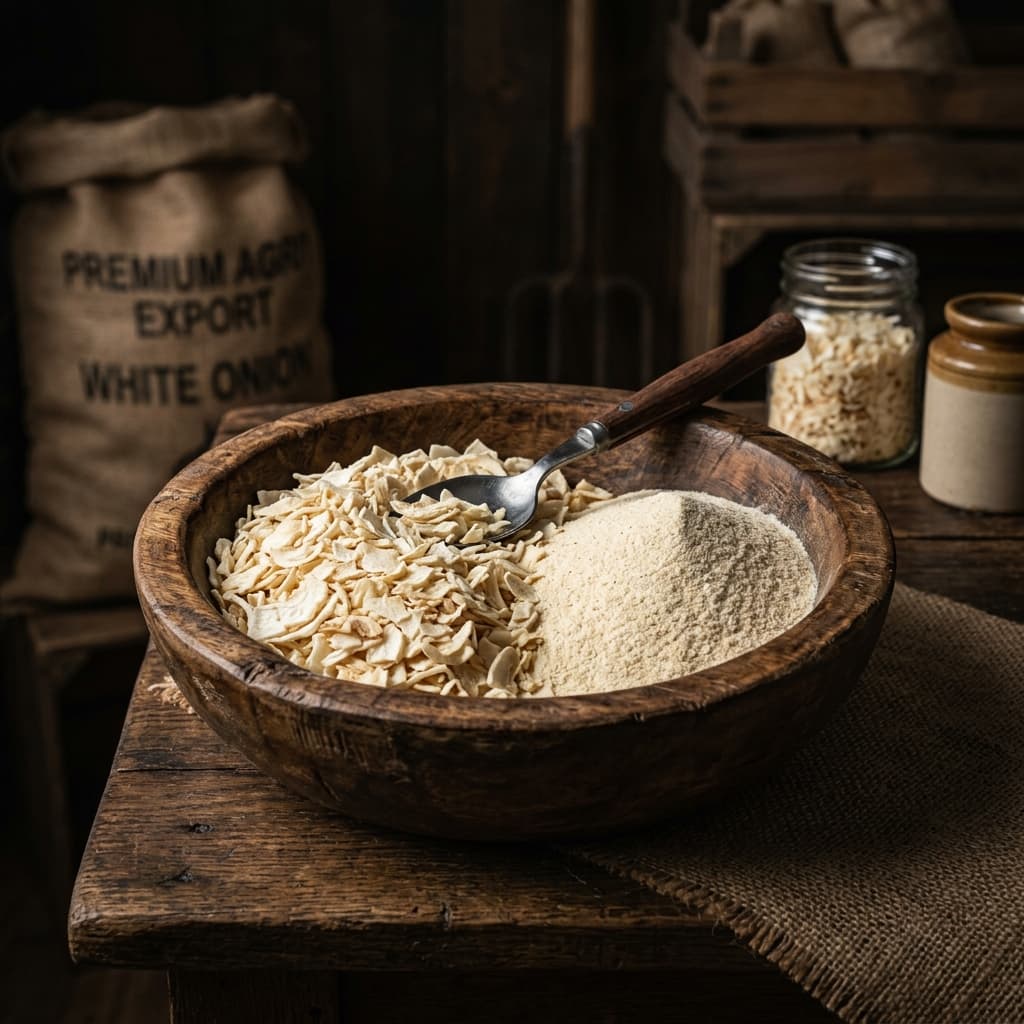 Premium dehydrated onion flakes and powder for export — Triyara Exports India