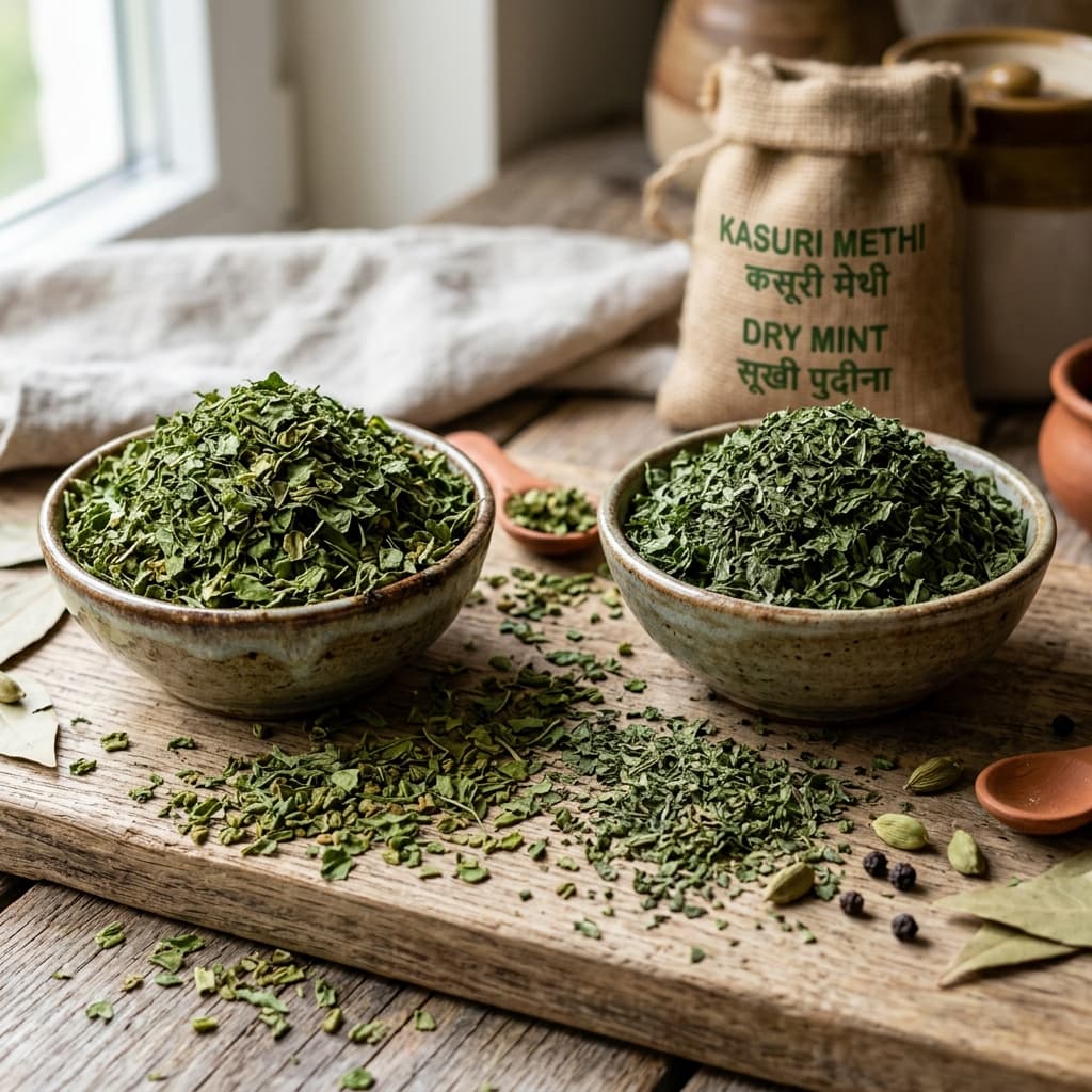 Export-grade dried herbs — fenugreek, mint, curry leaves, basil from India
