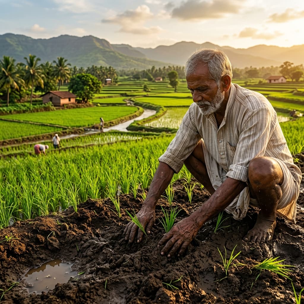Authentic high-quality close-up of an Indian farmer working the rich soil at golden hour