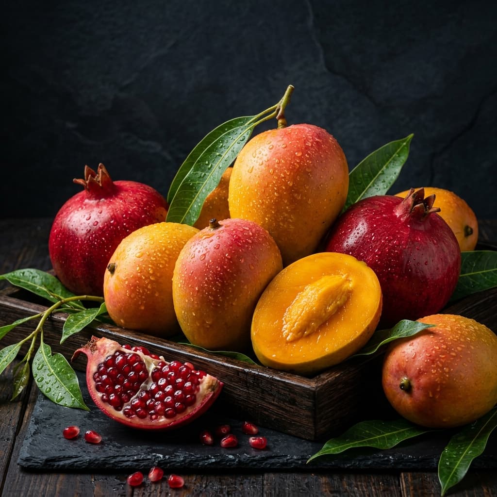 Fresh fruits and vegetables for export — mangoes, oranges, pomegranates from India